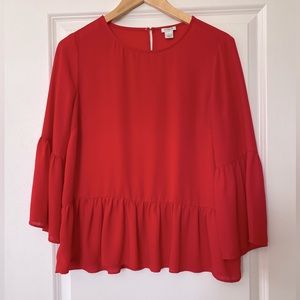 J Crew Red Bell Sleeve Peplum Top - size small